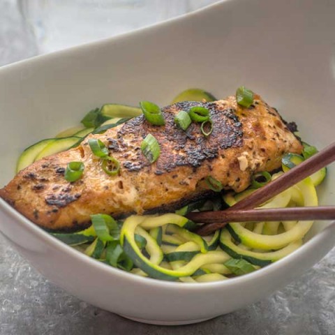 Miso Glazed Salmon with Pesto Zucchini Noodles (Low Carb)